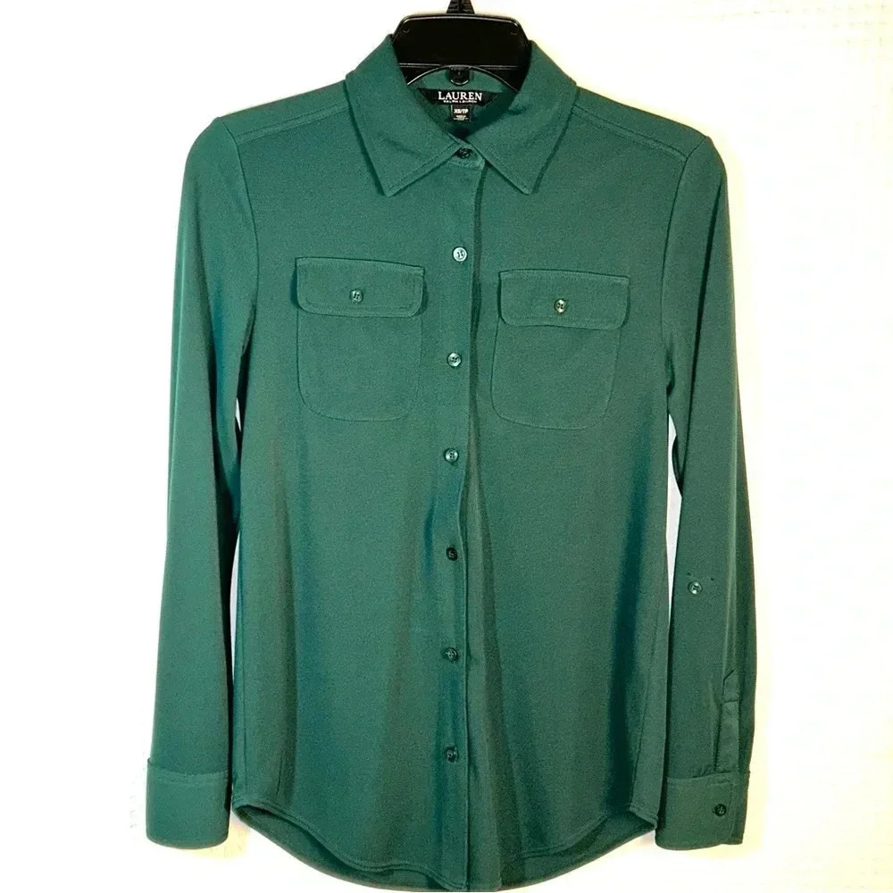 Lauren Ralph Lauren Size XS Shirt Poly Stretch Long Roll Tab Sleeve Hunter Green
